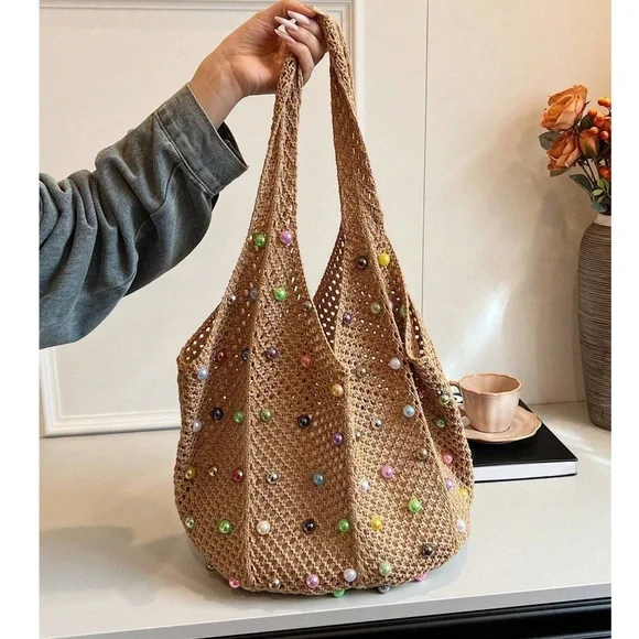 Boho Tan Crochet Multicolor Faux Pearl Shoulder Tote Bag - Picture 1 of 5